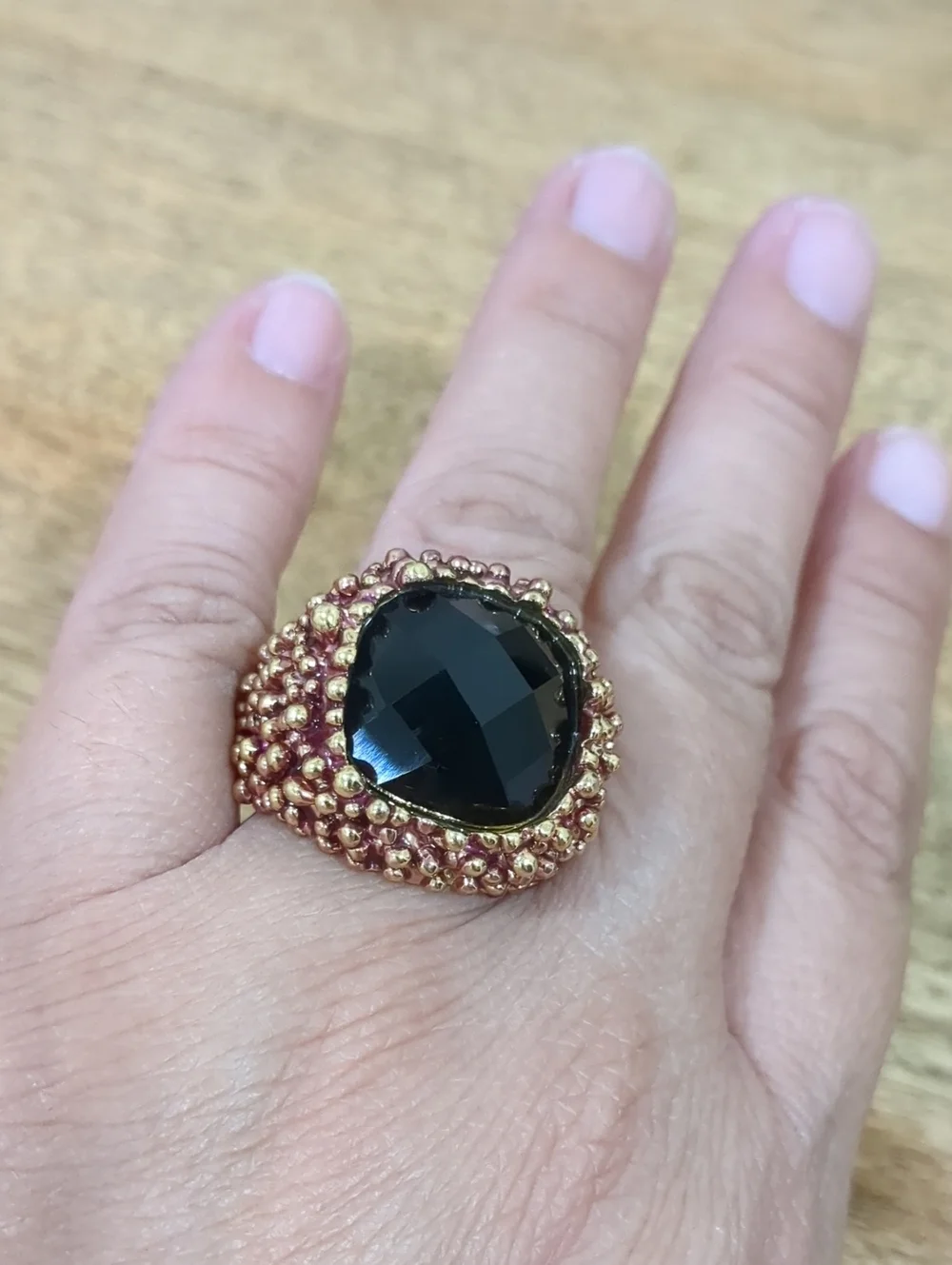 Brutalist Gold-Tone Textured Statement Ring with Eggplant Faceted Glass Stone